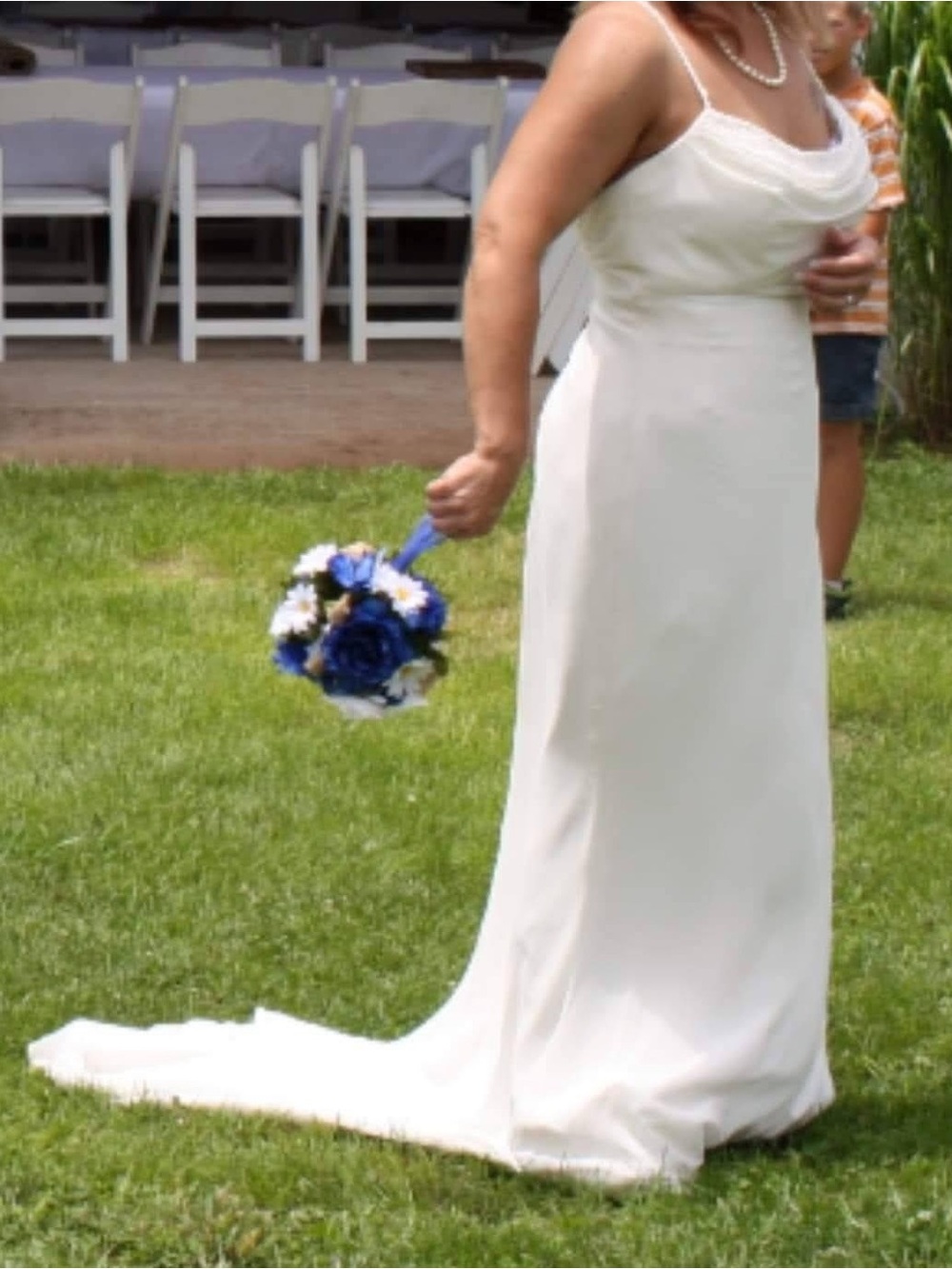 David's Bridal Ivory Beaded Satin Wedding Dress